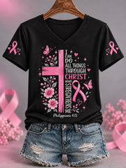 Women's Pink Ribbon Cross Faith Print Breast Cancer Awareness Support V-Neck Tee