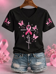 Women's Pink Ribbon Butterfly Cross Faith Print Breast Cancer Awareness Support V-Neck Tee