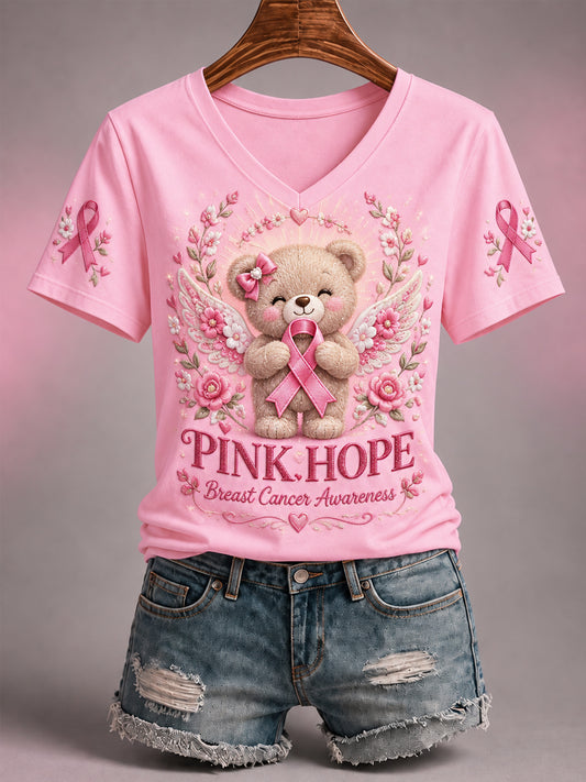 Women's In October We Wear Pink Care Bear Print Breast Cancer Awareness Support V-Neck Tee