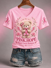 Women's In October We Wear Pink Care Bear Print Breast Cancer Awareness Support V-Neck Tee