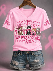 Women's In October We Wear Pink Halloween Pink Cats Print Breast Cancer Awareness Support V-Neck Tee