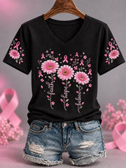Women's Pink Ribbon Faith Hope Blieve Sunflowers Print Breast Cancer Awareness Support V-Neck Tee