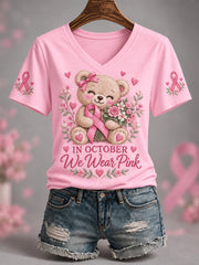 Women's In October We Wear Pink Care Bear Print Breast Cancer Awareness Support V-Neck Tee