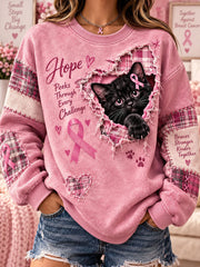 Women's Breast Cancer Awareness Cat Print Casual Sweatshirt