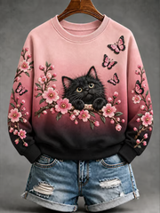 Women's Black and pink cat and floral print Regular Sweatshirt