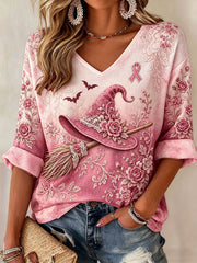 Women's Breast Cancer Awareness Witch Print Casual T-Shirt