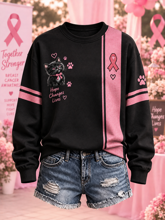 Women's Black and pink cat and floral print Regular Sweatshirt