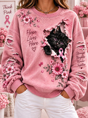 Women's Breast Cancer Awareness Cat Print Casual Sweatshirt