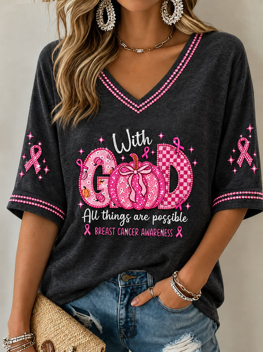 Women's Breast Cancer Pink Ribbon Faith Mid-length Sleeves V-Neck T-Shirt