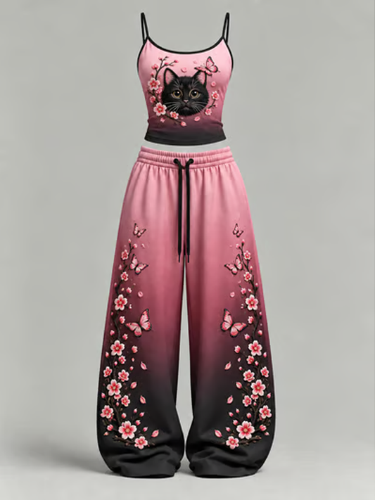 Women's Black and pink cat and floral print Set