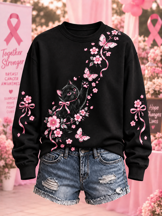 Women's Black and pink cat and floral print Regular Sweatshirt