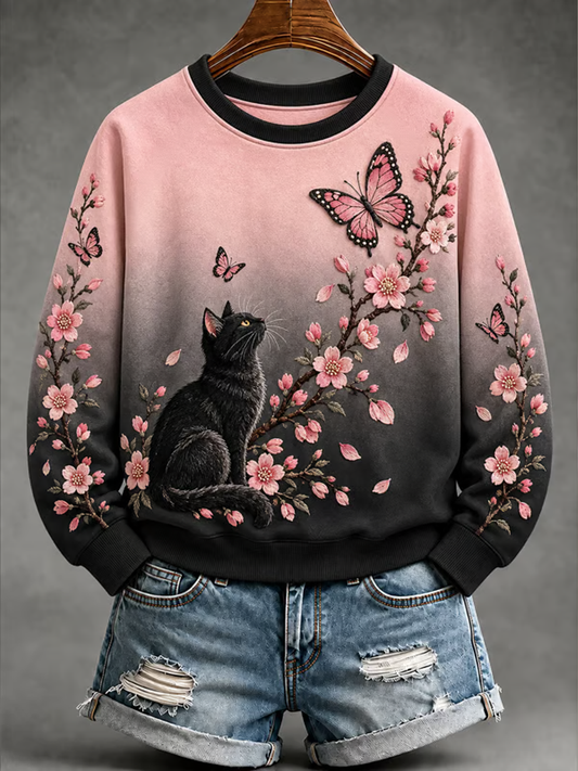 Women's Black and pink cat and floral print Regular Sweatshirt