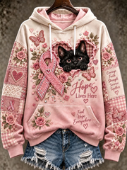 Women's Black and pink cat and floral print hoodie