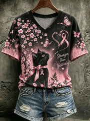 Women's Breast Cancer Awareness Cat Print Casual T-Shirt