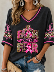 Women's Breast Cancer Pink Ribbon Faith Mid-length Sleeves V-Neck T-Shirt