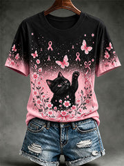 Women's Breast Cancer Awareness Cat Print Casual T-Shirt