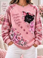 Women's Breast Cancer Awareness Cat Print Casual Sweatshirt