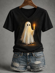 Women's Halloween Cute Ghost Hold Candle Print Casual V-Neck Tee