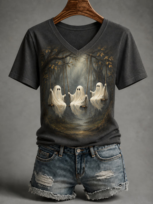 Women's Halloween Cute Ghost On Swing Print Casual V-Neck Tee