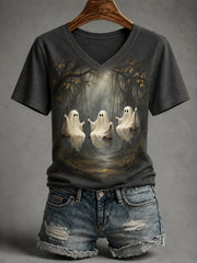 Women's Halloween Cute Ghost On Swing Print Casual V-Neck Tee