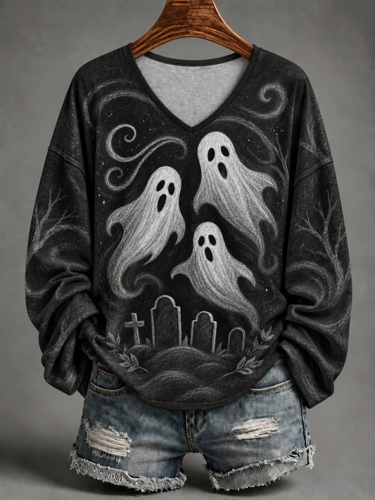 Women's Halloween Ghost Print Casual Long-Sleeve V-Neck T-Shirt