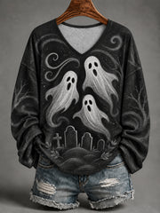 Women's Halloween Ghost Print Casual Long-Sleeve V-Neck T-Shirt