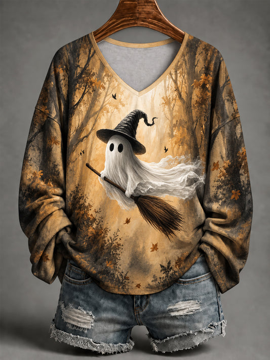 Women's Halloween Cute Ghost Drive Broom Print Casual Long-Sleeve V-Neck T-Shirt