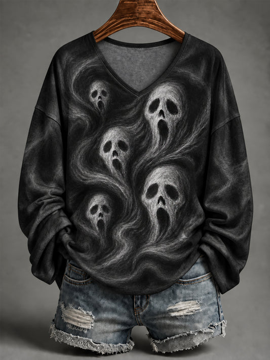 Women's Halloween Ghost Print Casual Long-Sleeve V-Neck T-Shirt