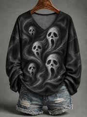 Women's Halloween Ghost Print Casual Long-Sleeve V-Neck T-Shirt