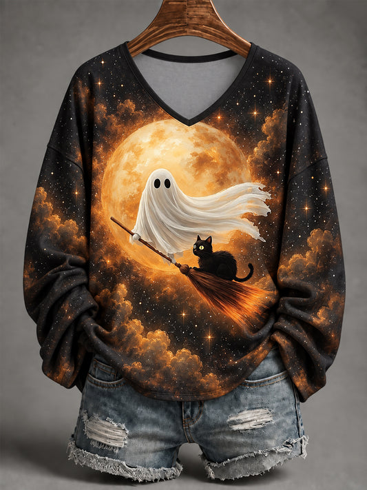 Women's Halloween Cute Ghost And Black Cat Drive Broom Print Casual Long-Sleeve V-Neck T-Shirt