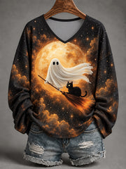 Women's Halloween Cute Ghost And Black Cat Drive Broom Print Casual Long-Sleeve V-Neck T-Shirt