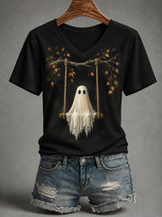 Women's Halloween Cute Ghost On Swing Print Casual V-Neck Tee