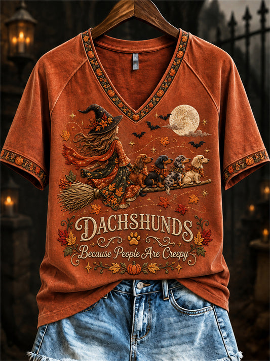 Women's Dachshunds Because People Are Creepy Fall Witch & Dogs Print short-sleeved T-shirt