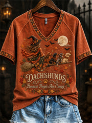 Women's Dachshunds Because People Are Creepy Fall Witch & Dogs Print short-sleeved T-shirt