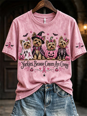 Women's Yorkies Because Cancers Are Creepy Halloween Pink Dogs Print short-sleeved T-shirt