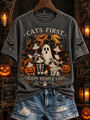 Women's Halloween Costume Cat Pattern Design Casual Short-sleeved T-shirt