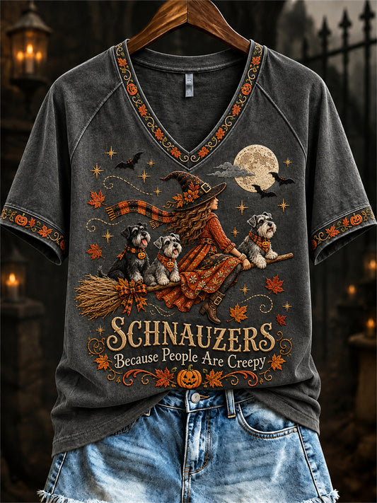 Women's Schnauzers Because People Are Creepy Fall Witch & Dogs Print short-sleeved T-shirt