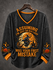 Women's Halloween Witch Assuming I'm Just An Old Lady Was Your First Mistake V-Neck Long-Sleeve T-Shirt