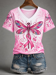 Women's Pink Ribbon Dragonfly Print Breast Cancer Awareness Support V-Neck Tee