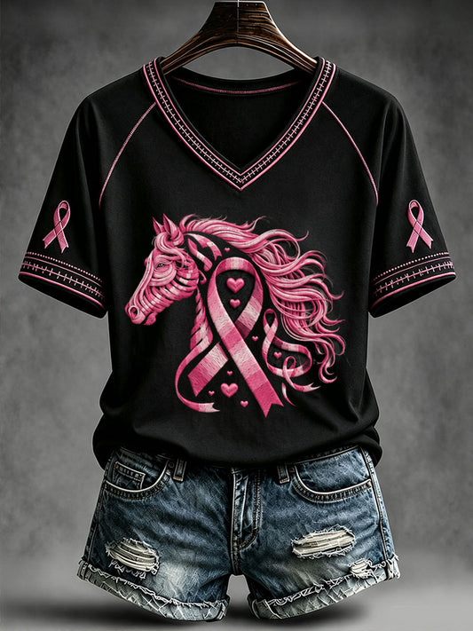 Women's Breast Cancer Awareness Butterfly Horse Print V-neck T-shirt
