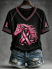 Women's Breast Cancer Awareness Butterfly Horse Print V-neck T-shirt