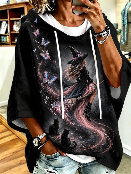 Women's Breast Cancer Awareness Pink Witch Black Cat Print Hoodie