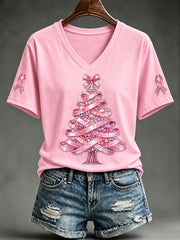 Women's Breast Cancer Awareness Pink Ribbon Christmas Tree Short-sleeved T-shirt