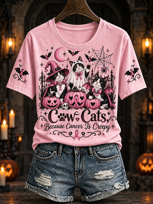 Women's Halloween Costume Cat Pattern and Pink Charity Ribbon Design Casual Short-Sleeve T-Shirt