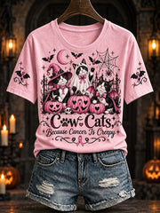 Women's Halloween Costume Cat Pattern and Pink Charity Ribbon Design Casual Short-Sleeve T-Shirt