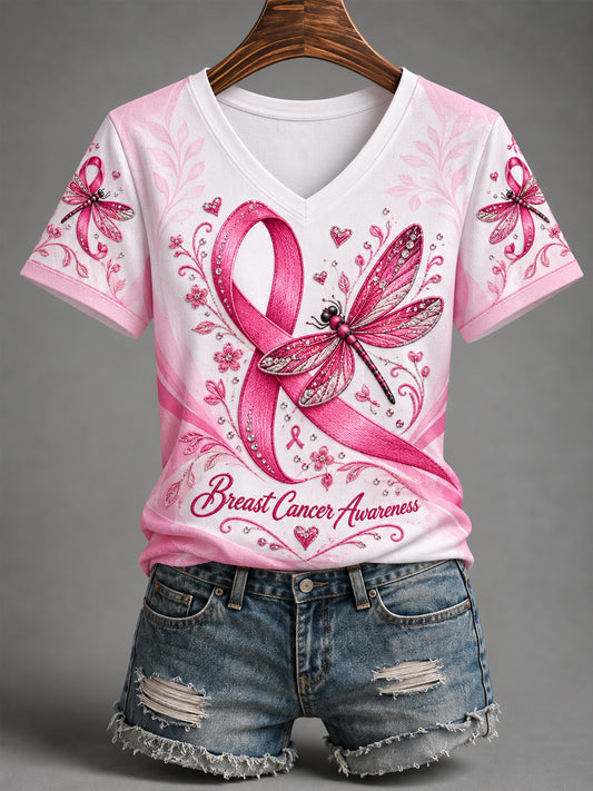 Women's Pink Ribbon Dragonfly Print Breast Cancer Awareness Support V-Neck Tee