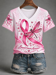 Women's Pink Ribbon Dragonfly Print Breast Cancer Awareness Support V-Neck Tee