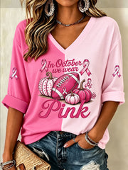 Women's Tackle Breast Cancer In October We Wear Pink Football Print Breast Cancer Awareness Support Half-Sleeve V-Neck T-Shirt