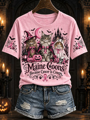 Women's Halloween Costume Cat Pattern and Pink Charity Ribbon Design Casual Short-Sleeve T-Shirt