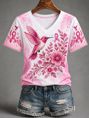 Women's Pink Ribbon Hummingbird Print Breast Cancer Awareness Support V-Neck Tee